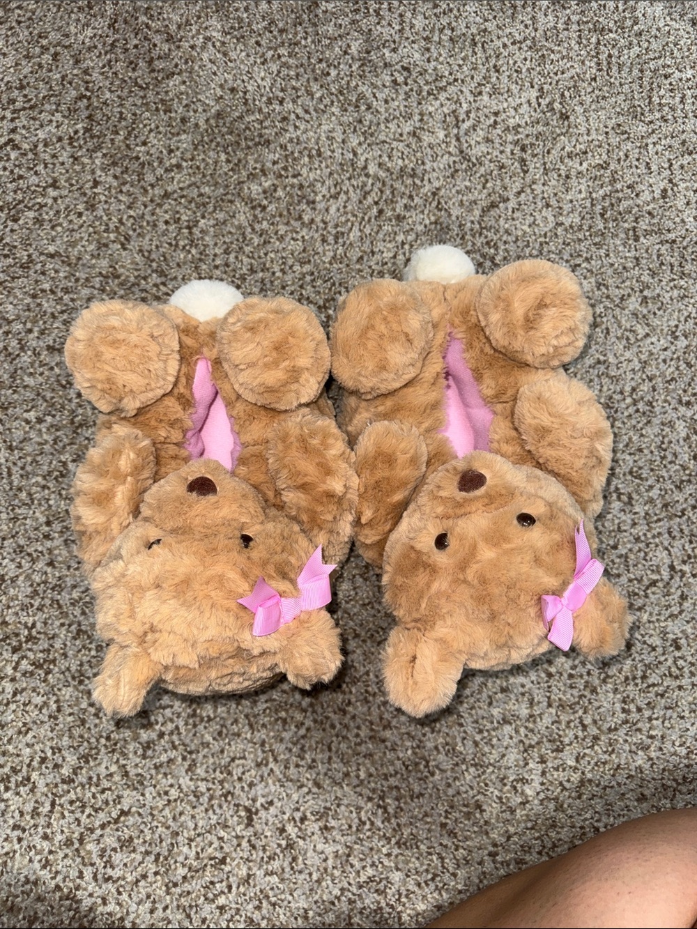 Plush Teddy Bear Slippers with Pink Lining and Bows